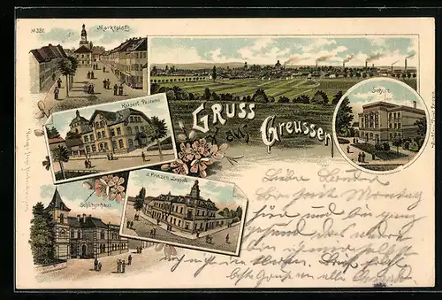 Lithographie Greussen, Panorama, Marktplatz, Kaiserl. Postamt & Schützenhaus