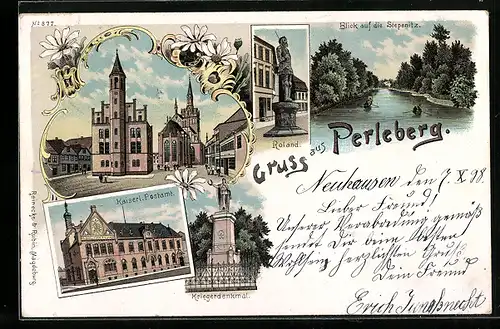 Lithographie Perleberg, Kaiserl. Postamt, Kriegerdenkmal, Stepenitzpartie