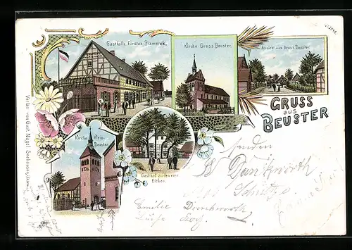 Lithographie Beuster, Gasthof zum Fürsten Bismarck, Gasthof zu den vier Eichen, Kirche Gross-Beuster