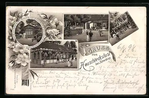 Lithographie Jüterbog, Gasthaus Heuschteckslust mit Besuchern