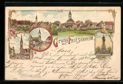 Lithographie Friesenheim, Totalansicht, Kath. Kirche, Kriegerdenkmal