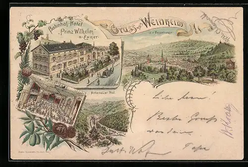 Lithographie Weinheim / Bergstrasse, Bahnhof-Hotel Prinz Wilhelm, Ortsansicht