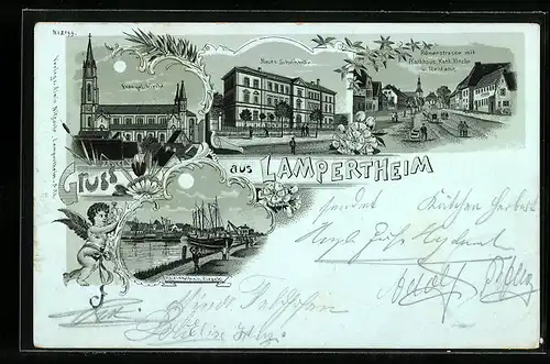 Mondschein-Lithographie Lampertheim, Rheinhafen und Ziegelei, Ev. Kirche, Neues Schulhaus, Römerstrasse