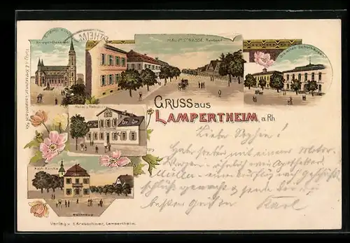 Lithographie Lampertheim a. Rh., Hauptstrasse, Hotel z. Rebstock, Kriegerdenkmal, Rathaus