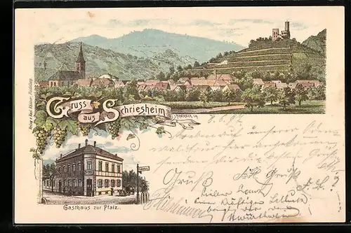 Lithographie Schriesheim, Gasthaus zur Pfalz, Totalansicht