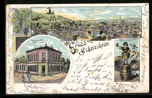 Lithographie Schriesheim, Gasthaus zur Pfalz, Totalansicht