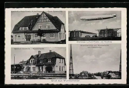 AK Wursterheide, Zeppelin über der Luftschiffhalle, Bahnhof, Gasthof Luftschiffplatz