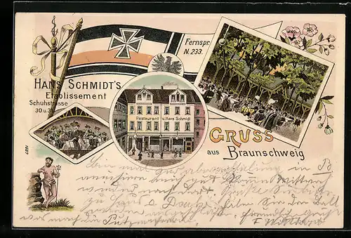 Lithographie Braunschweig, Restaurant von Hans Schmidt, Schuhstrasse 30 und 31