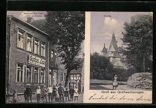 AK Grosswechsungen, Gasthaus zur Linde, davor Kinder, Blick zur Kirche