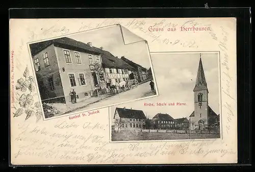 AK Herrhausen, Gasthof Fr. Isebeck, Kirche, Schule und Pfarre