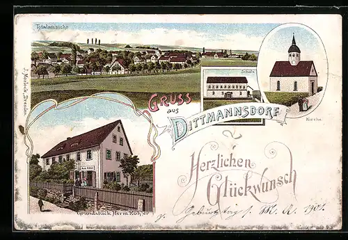 Lithographie Dittmannsdorf, Grundstück Herm. Köhler, Kirche, Schule