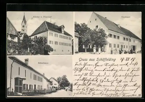 AK Schöffelding, Gasthaus, Kirche und Pfarrhof, Schulhaus