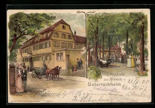 Lithographie Untertürkheim, Gasthaus zum Hirsch mit Pferdekutsche und Gartenpartie