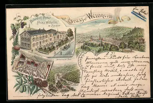 Lithographie Weinheim a. d. Bergstrasse, Bahnhof-Hotel Prinz Wilhelm von H. Ehret, Panorama