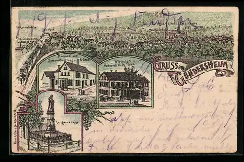 Lithographie Gundersheim, Gasthaus und Bäckerei H. Geeb, Kriegerdenkmal und Ortspanorama