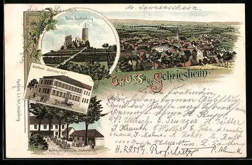 Lithographie Schriesheim, Gasthaus Deutscher Hof, Ruine Strahlenburg, Panorama