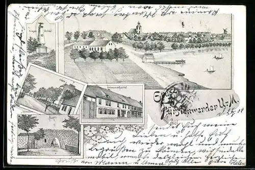 Lithographie Fürstenwerder /U.-M., Lindemanns Gasthof, Schule, Kriegerdenkmal