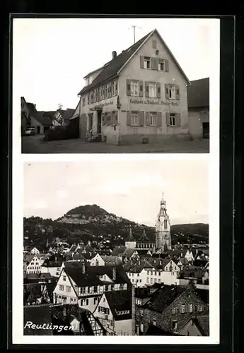 Foto-AK Reutlingen, Gasthaus Braun-Eck, Kirche im Stadtbild