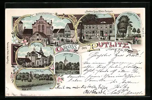 Lithographie Putlitz, Cantoratsgebäude, Markt mit Kaiser-Wilhelm-Denkmal, Kirche