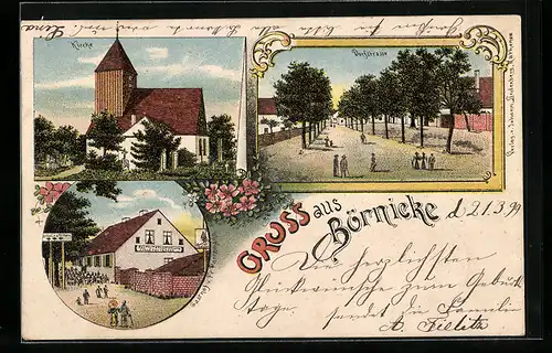 Lithographie Börnicke, Gasthof von Fr. Parnemann, Kirche, Dorfstrasse