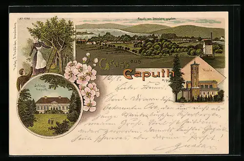 Lithographie Caputh a. H., Kirche, Schloss, Ortsansicht vom Steinberg aus