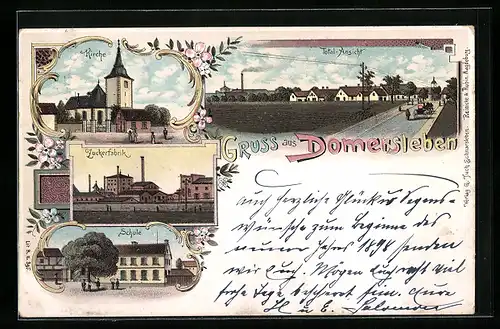 Lithographie Domersleben, Zuckerfabrik, Kirche, Schule