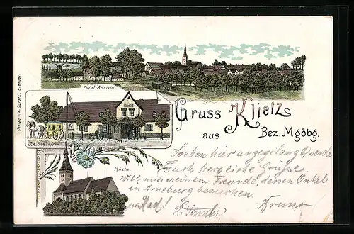 Lithographie Klietz /Bez. Mgdbg., Gasthaus J. A. Schaeffer, Kirche