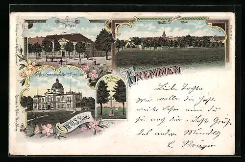 Lithographie Kremmen, Rathaus, Schloss Sommerswalde, Panorama