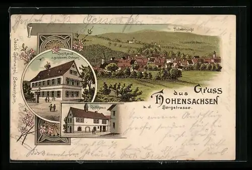 Lithographie Hohensachsen a. d. Bergstrasse, Gasthaus zum goldenen Ochsen, Rathaus, Ortsansicht