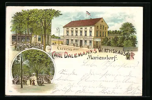 Lithographie Berlin-Mariendorf, Carl Dalemann`s Wirtshaus, Garten