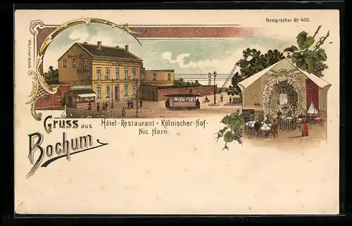 Lithographie Bochum, Hotel-Restaurant Kölnischer Hof, davor eine haltende Strassenbahn