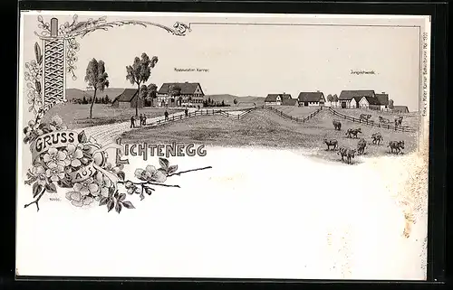 Lithographie Lichtenegg, Teilansicht mit Restaurant Karrer