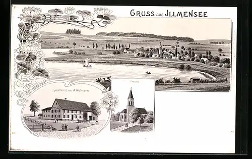 Lithographie Illmensee, Gasthaus von A. Widmann, Kirche, Panoramablick auf Dorf und See