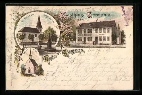 Lithographie Gaiberg, Gasthaus Germania, Kathol. Kirche, Ev. Kirche und Kriegerdenkmal