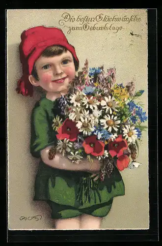 Künstler-AK Fritz Baumgarten: Kleiner Gratulant mit Blumenstrauss zum Namenstag