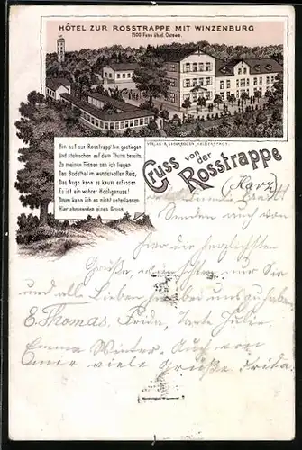 Vorläufer-Lithographie Thale /Harz, 1895, Hotel zur Rosstrappe mit Winzenburg
