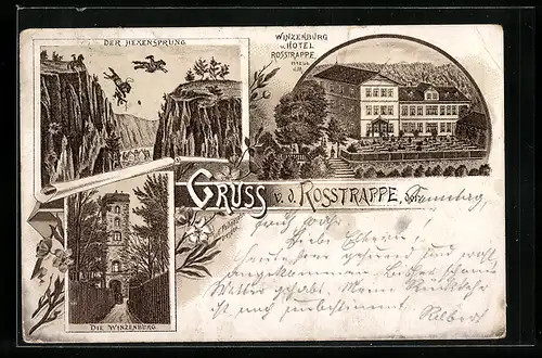 Vorläufer-Lithographie Thale /Harz, 1893, Hotel zur Rosstrappe mit Winzenburg, der Hexensprung