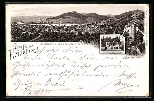 Vorläufer-Lithographie Heidelberg, 1894, Königstuhl-Gasthaus und Turm, Stadtansicht von der Molkenkur