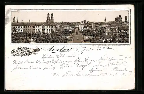 Vorläufer-Lithographie München, 1892, Ausblick vom Maximilianeum