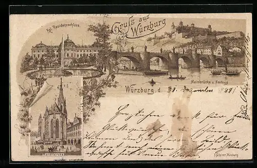Vorläufer-Lithographie Würzburg, 1891, Kgl. Residenzschloss, Marienkirche, Mainbrücke und Festung