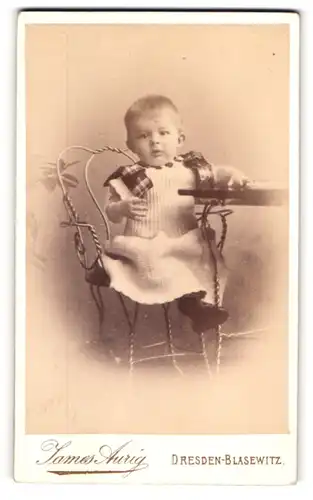 Fotografie James Aurig, Dresden-Blasewitz, Resdienzstr. 8, Kleines Kind im Wollkleid sitzt am Tisch