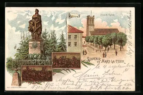 Lithographie Mars-la-Tour, Place de l`eglise, Monument à la mémoire