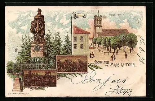 Lithographie Mars-la-Tour, Place de l`eglise, Monument à la mémoire