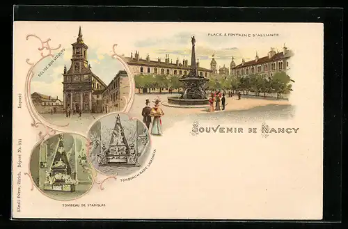 Lithographie Nancy, Tombeau de Stanislas, Place et Fontaine d`Alliance