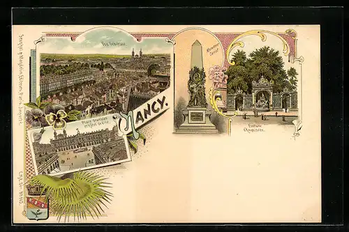 Lithographie Nancy, Place Stanislas et Hotel de Ville, Monument Carnot