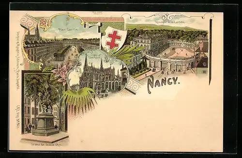 Lithographie Nancy, Statue de Jeanne d`Arc, Hemicycle de la Carriere