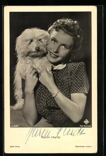 AK Schauspielerin Karin Hardt mit Hund, Autograph