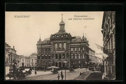 AK Warschau, Gymnasium mit Passanten