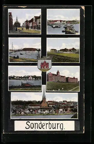 AK Sonderburg, Hafenpartie, Gesamtansicht, Wappen