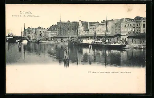 AK Lübeck, Hafenpartie an der Untertrave mit Dampfer